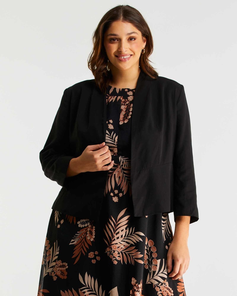 Front of a model wearing a size 1X Eve Jacket in Black by Estelle. | dia_product_style_image_id:235219